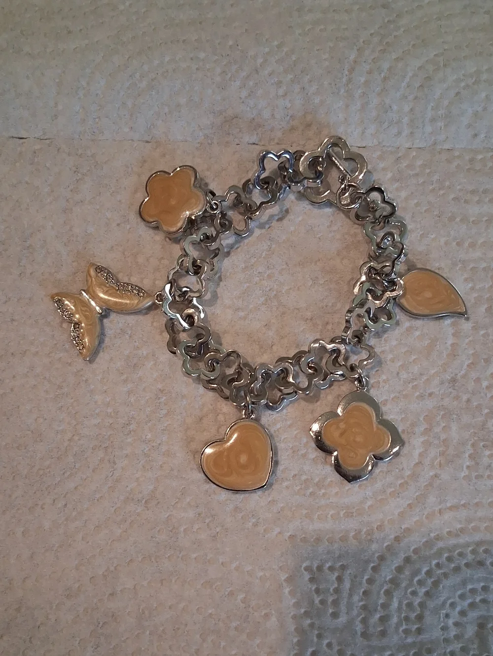 Silver-Tone Charm Bracelet with Beige Enamel Accents